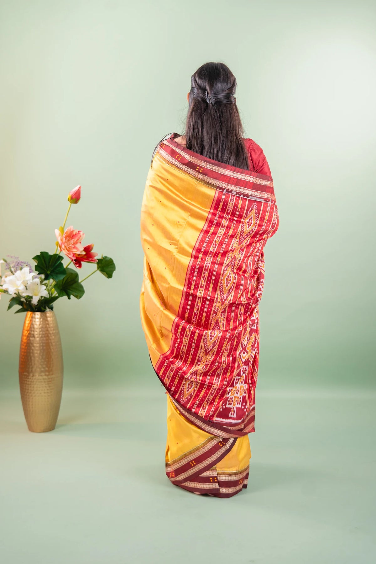 Mustard Maroon Booti Khandua Silk Saree