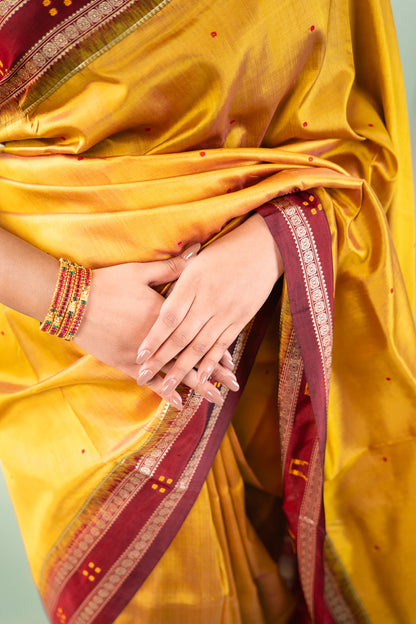 Mustard Maroon Booti Khandua Silk Saree