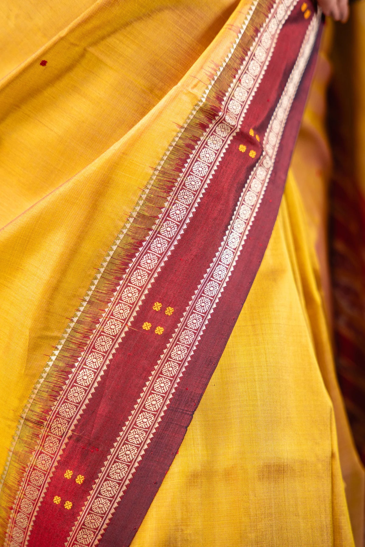 Mustard Maroon Booti Khandua Silk Saree