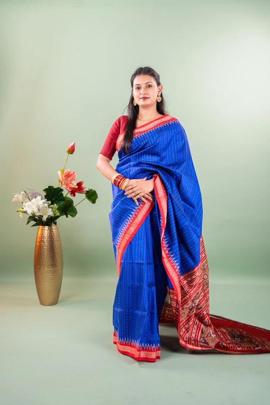 Royal Blue Red Temple Border Khandua Silk Saree