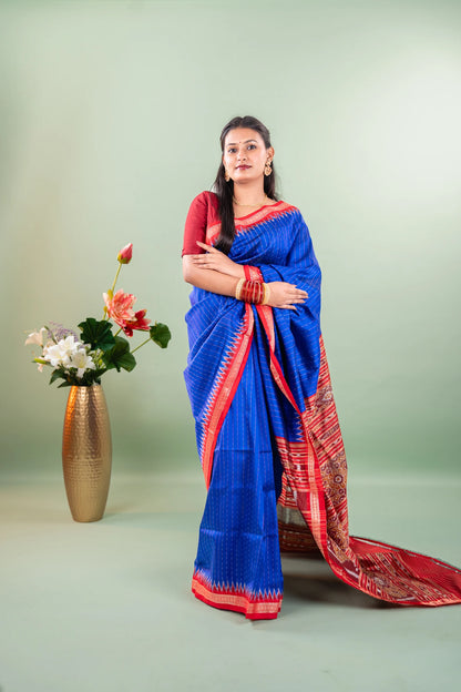 Royal Blue Red Temple Border Khandua Silk Saree