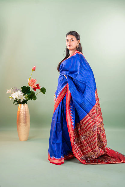 Royal Blue Red Temple Border Khandua Silk Saree