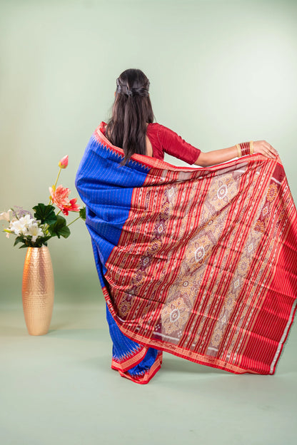 Royal Blue Red Temple Border Khandua Silk Saree