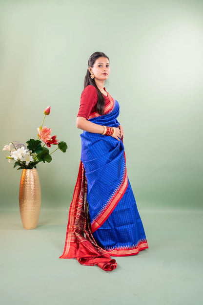 Royal Blue Red Temple Border Khandua Silk Saree