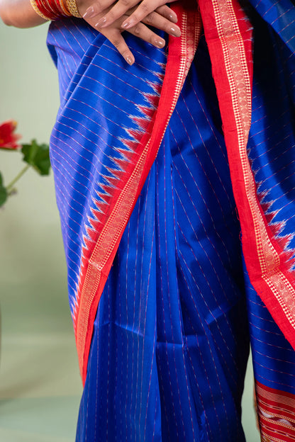 Royal Blue Red Temple Border Khandua Silk Saree
