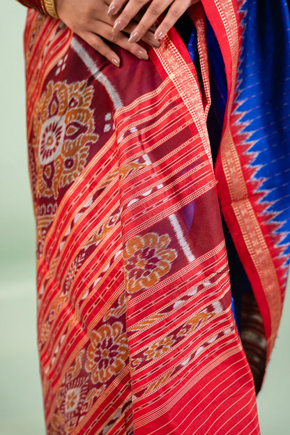 Royal Blue Red Temple Border Khandua Silk Saree
