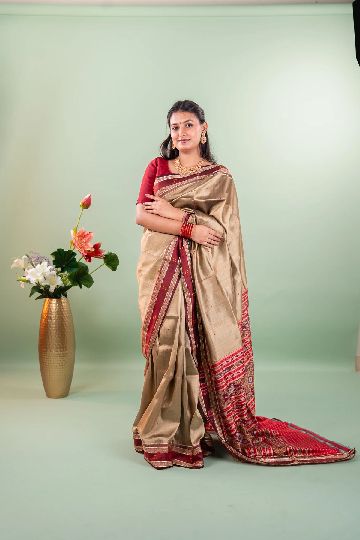 Olive Gold Maroon Border Khandua Silk Saree
