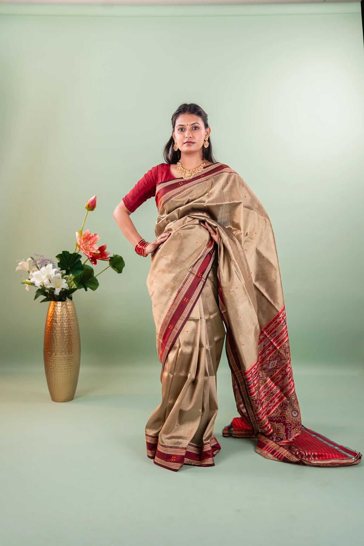 Olive Gold Maroon Border Khandua Silk Saree