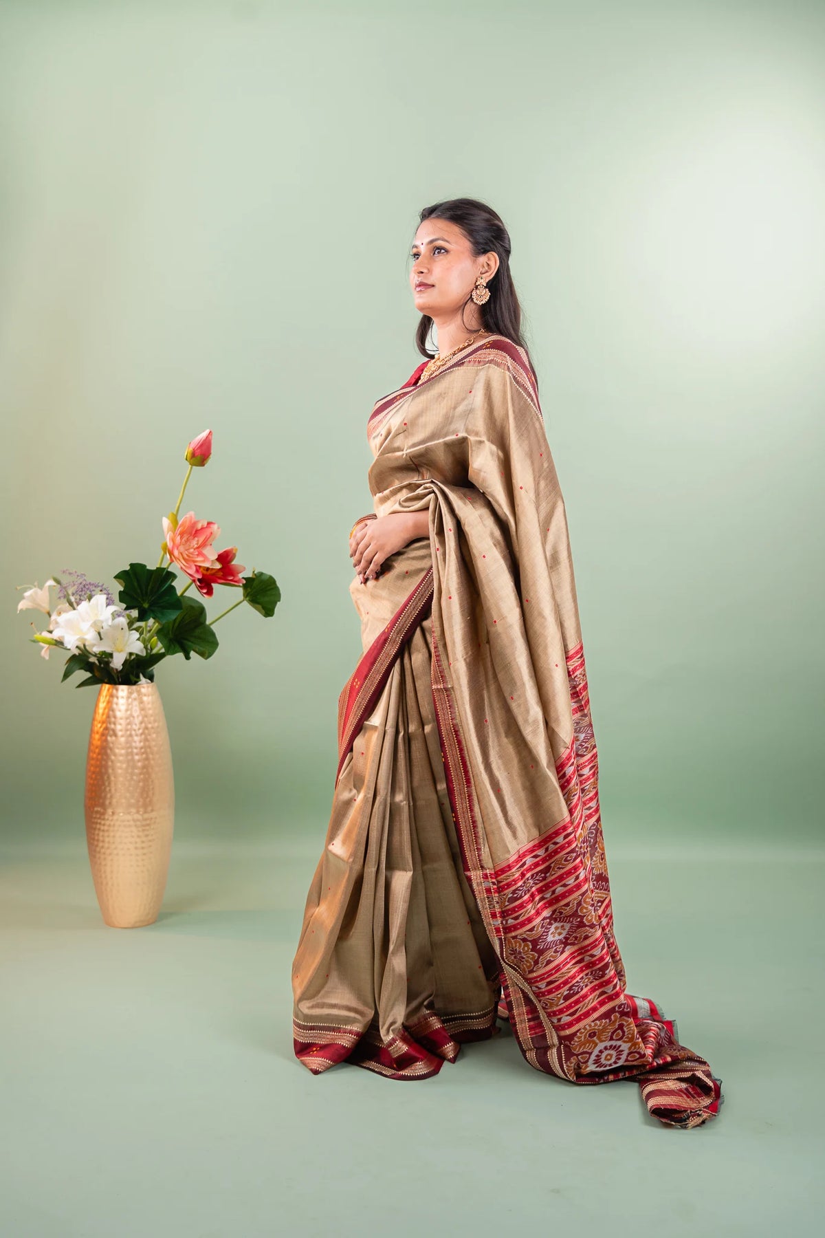 Olive Gold Maroon Border Khandua Silk Saree