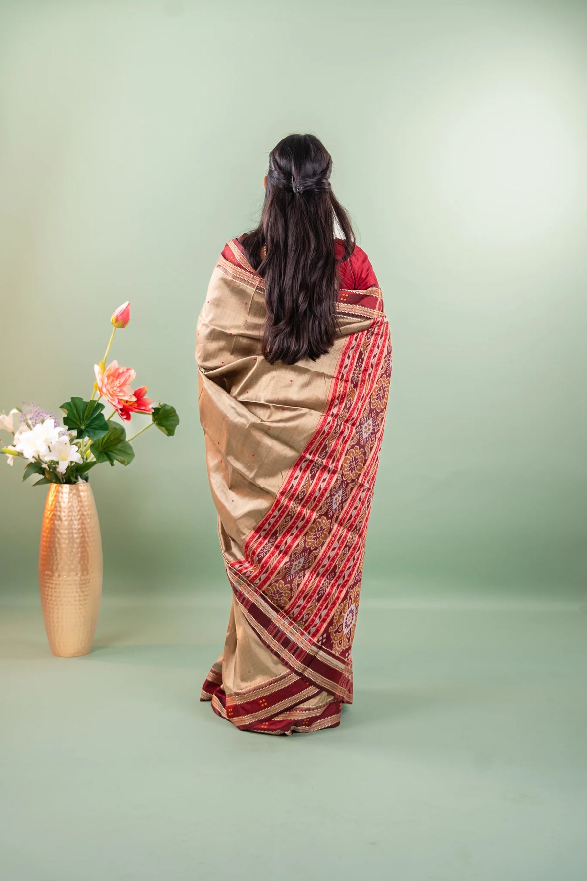 Olive Gold Maroon Border Khandua Silk Saree