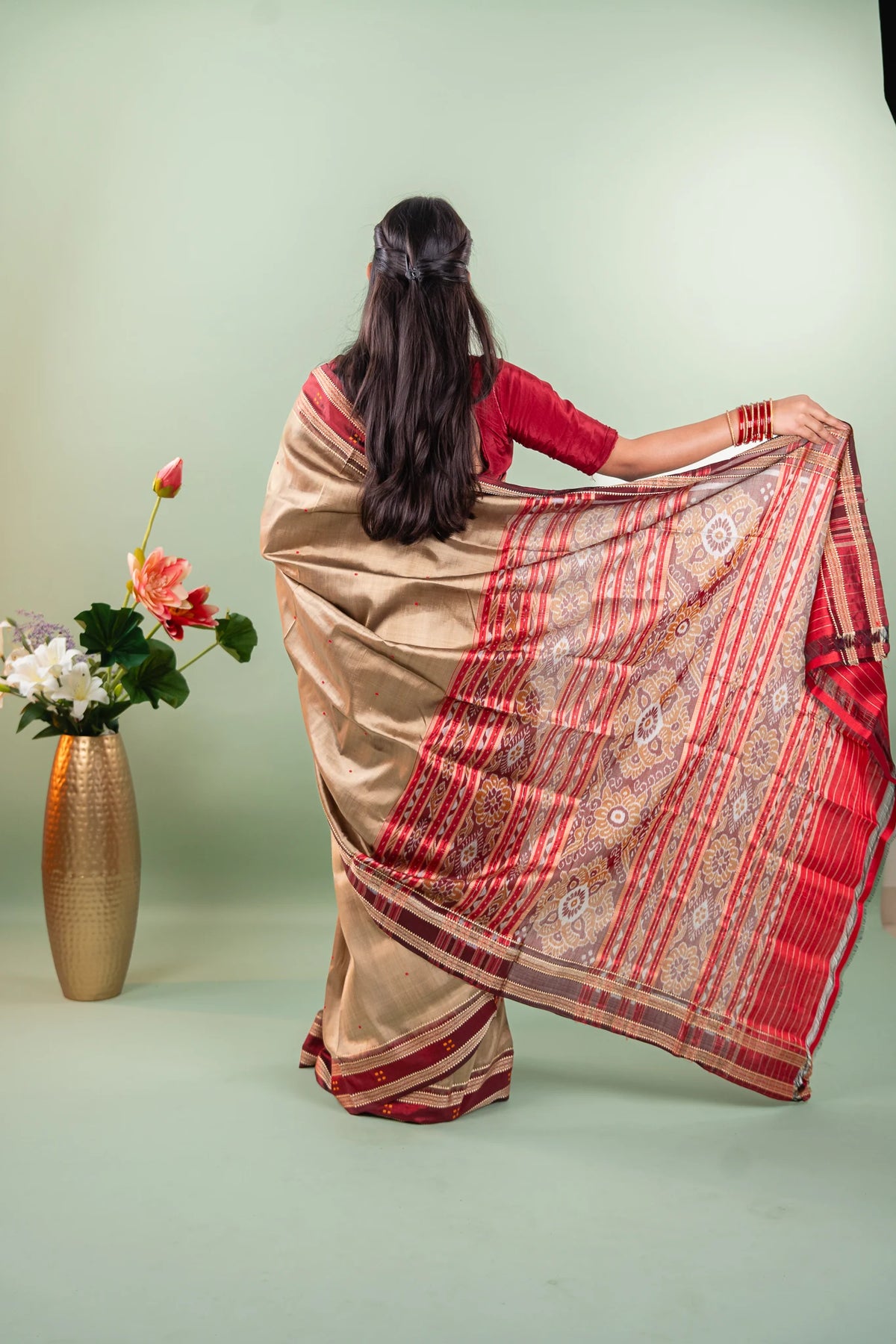 Olive Gold Maroon Border Khandua Silk Saree