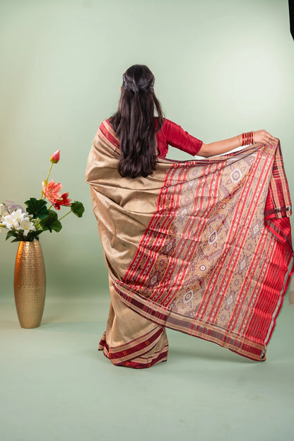 Olive Gold Maroon Border Khandua Silk Saree