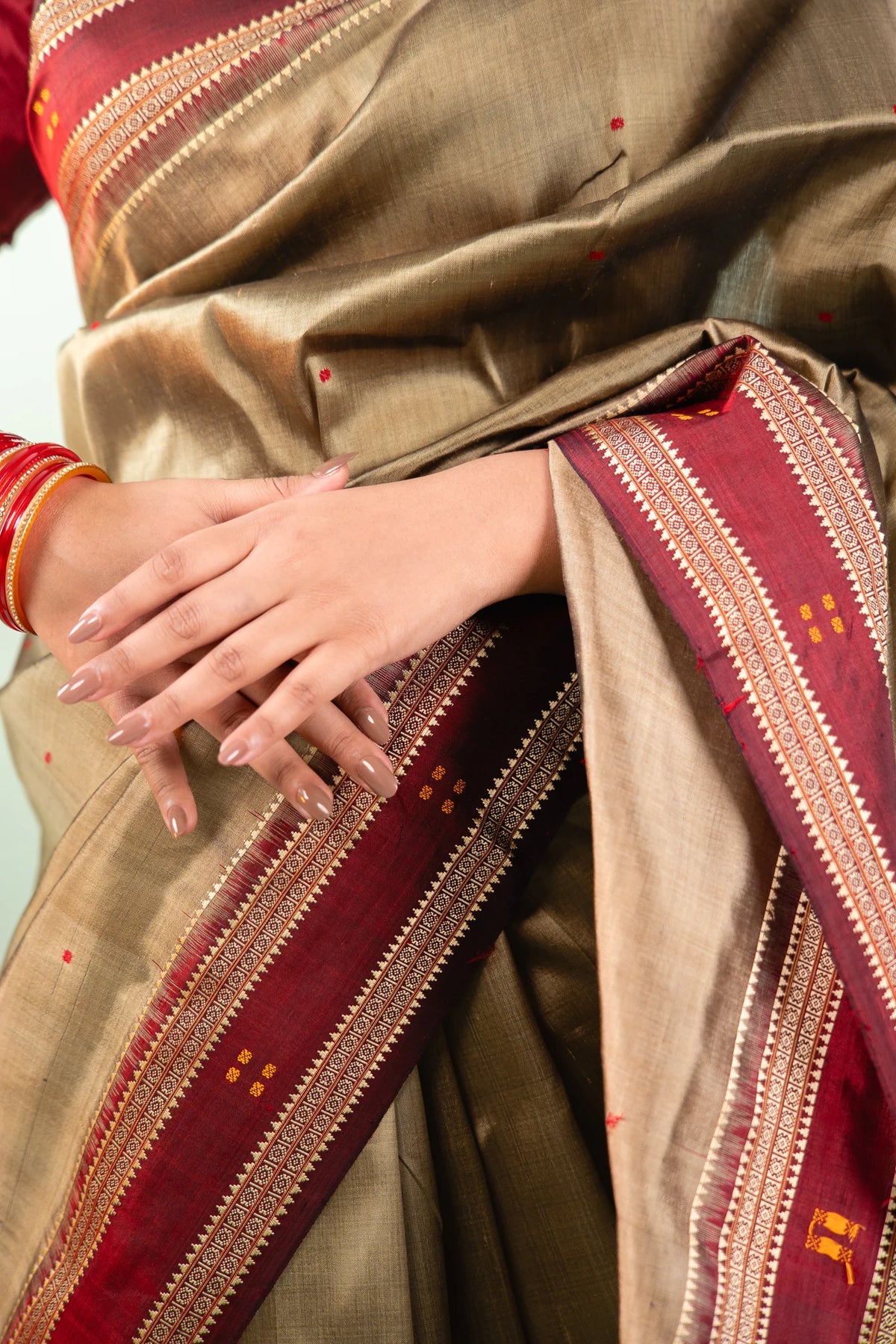 Olive Gold Maroon Border Khandua Silk Saree