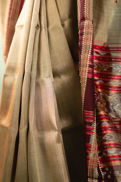 Olive Gold Maroon Border Khandua Silk Saree