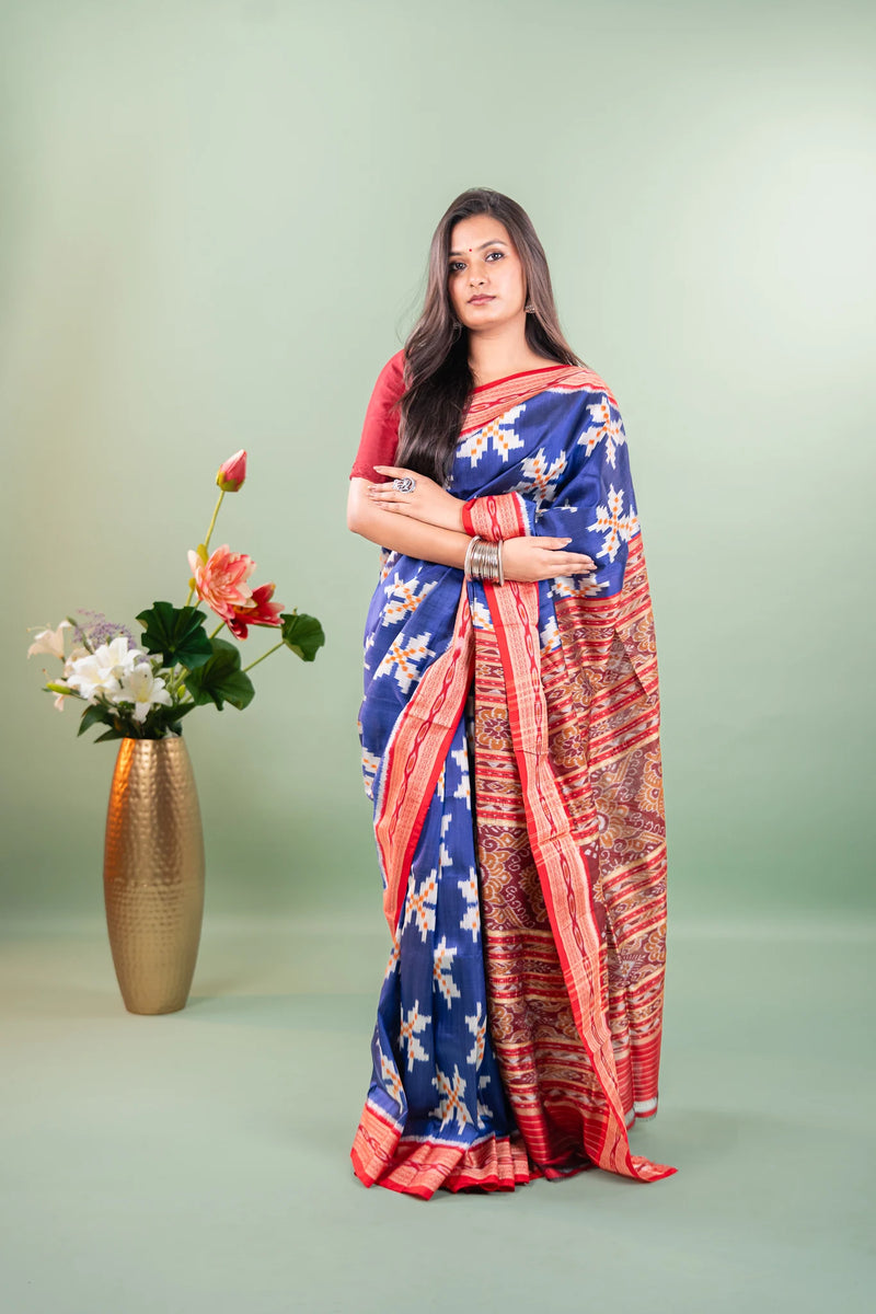 Mustard Magenta Lotus Ikat Khandua Silk Saree
