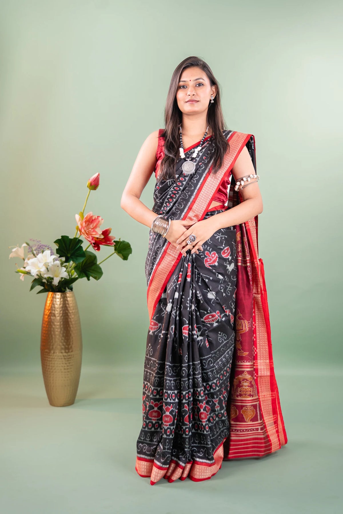 Black Red Tribal Motif Khandua Silk Saree