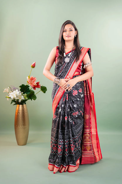 Black Red Tribal Motif Khandua Silk Saree