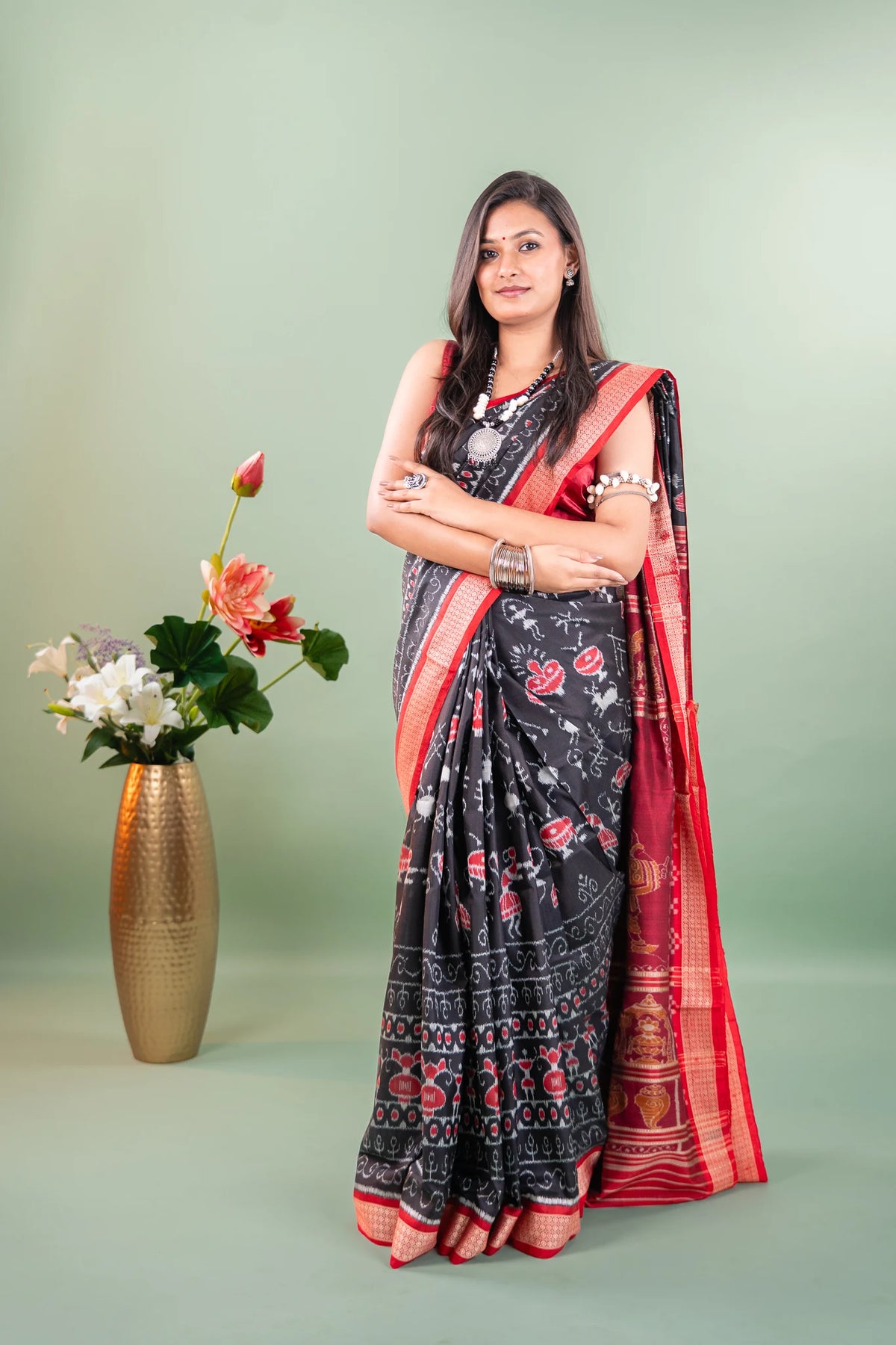 Black Red Tribal Motif Khandua Silk Saree