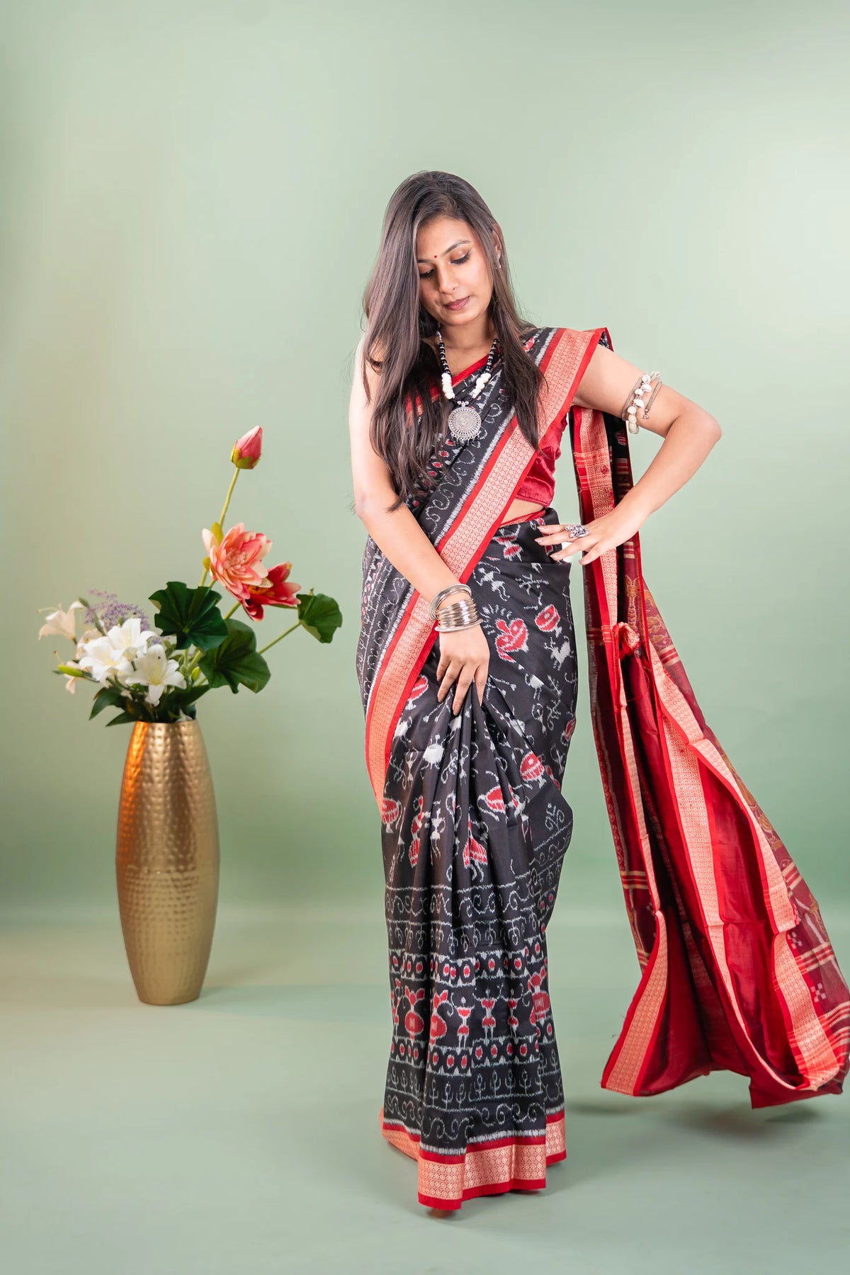 Black Red Tribal Motif Khandua Silk Saree