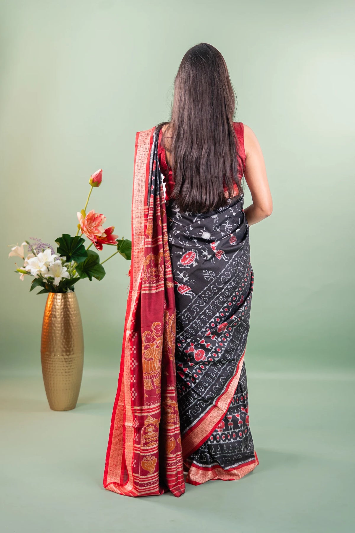 Black Red Tribal Motif Khandua Silk Saree