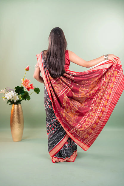 Black Red Tribal Motif Khandua Silk Saree