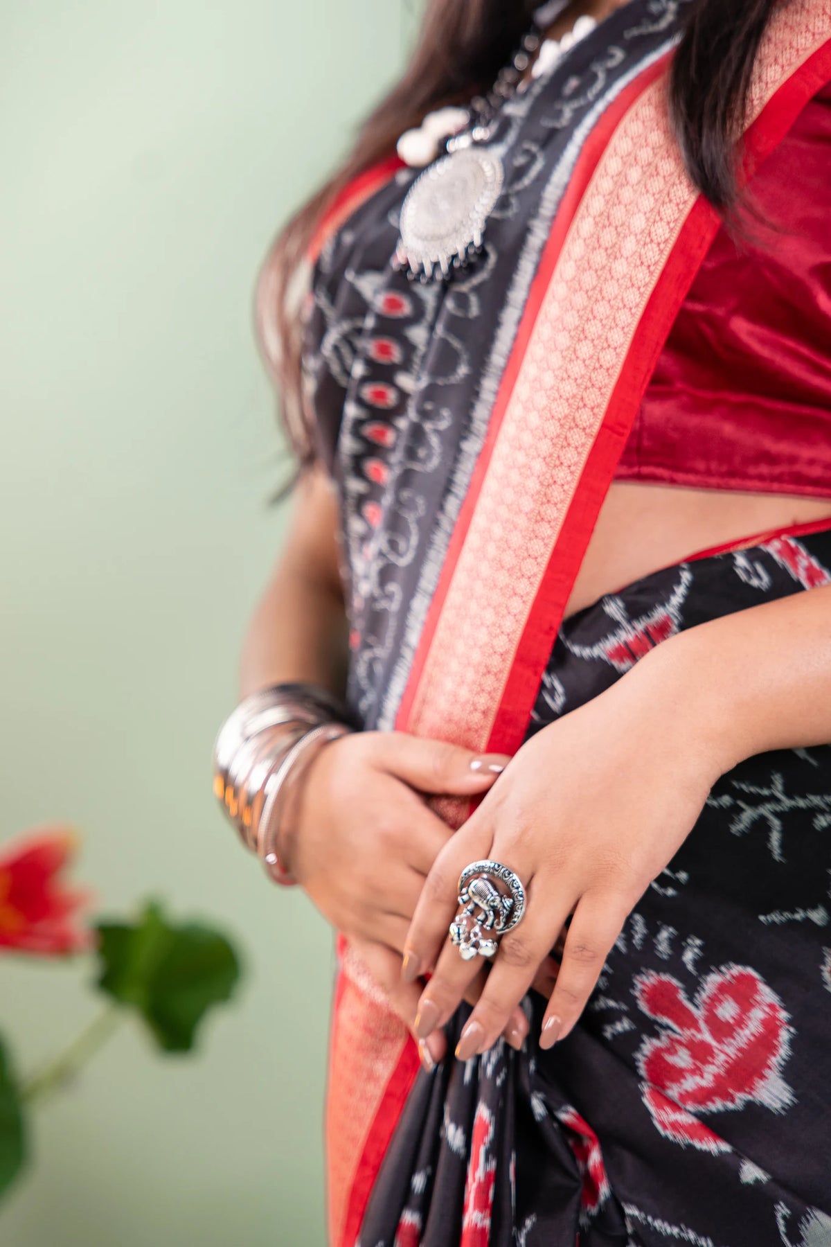 Black Red Tribal Motif Khandua Silk Saree