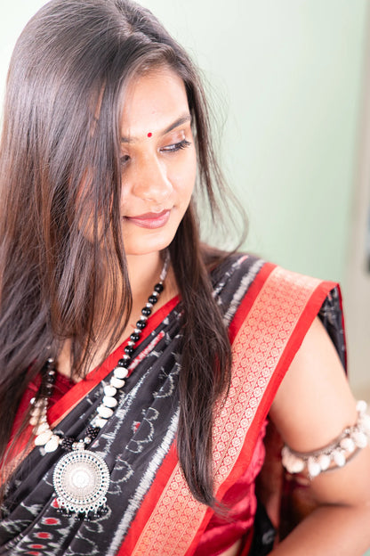 Black Red Tribal Motif Khandua Silk Saree