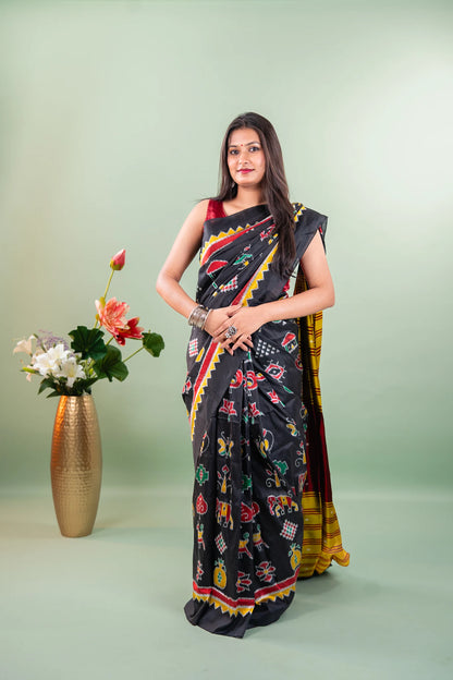 Black Red Traditional Motif Khandua Silk Saree