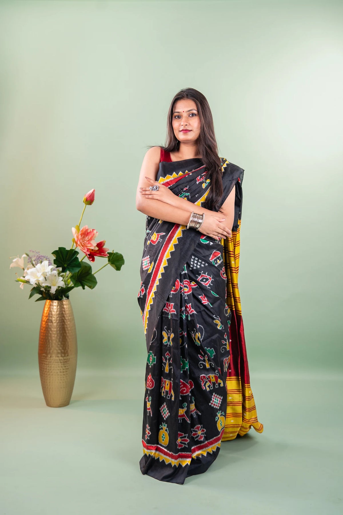 Black Red Traditional Motif Khandua Silk Saree
