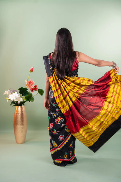 Black Red Traditional Motif Khandua Silk Saree