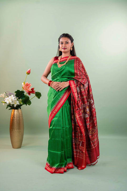 Mustard Maroon Lotus Ikat Khandua Silk Saree