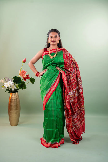 Mustard Maroon Lotus Ikat Khandua Silk Saree