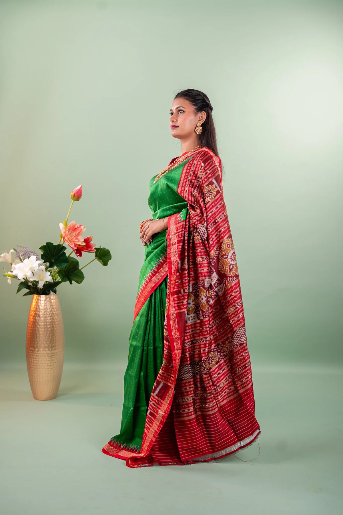 Mustard Maroon Lotus Ikat Khandua Silk Saree