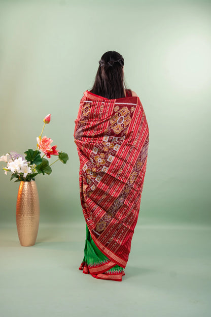 Mustard Maroon Lotus Ikat Khandua Silk Saree