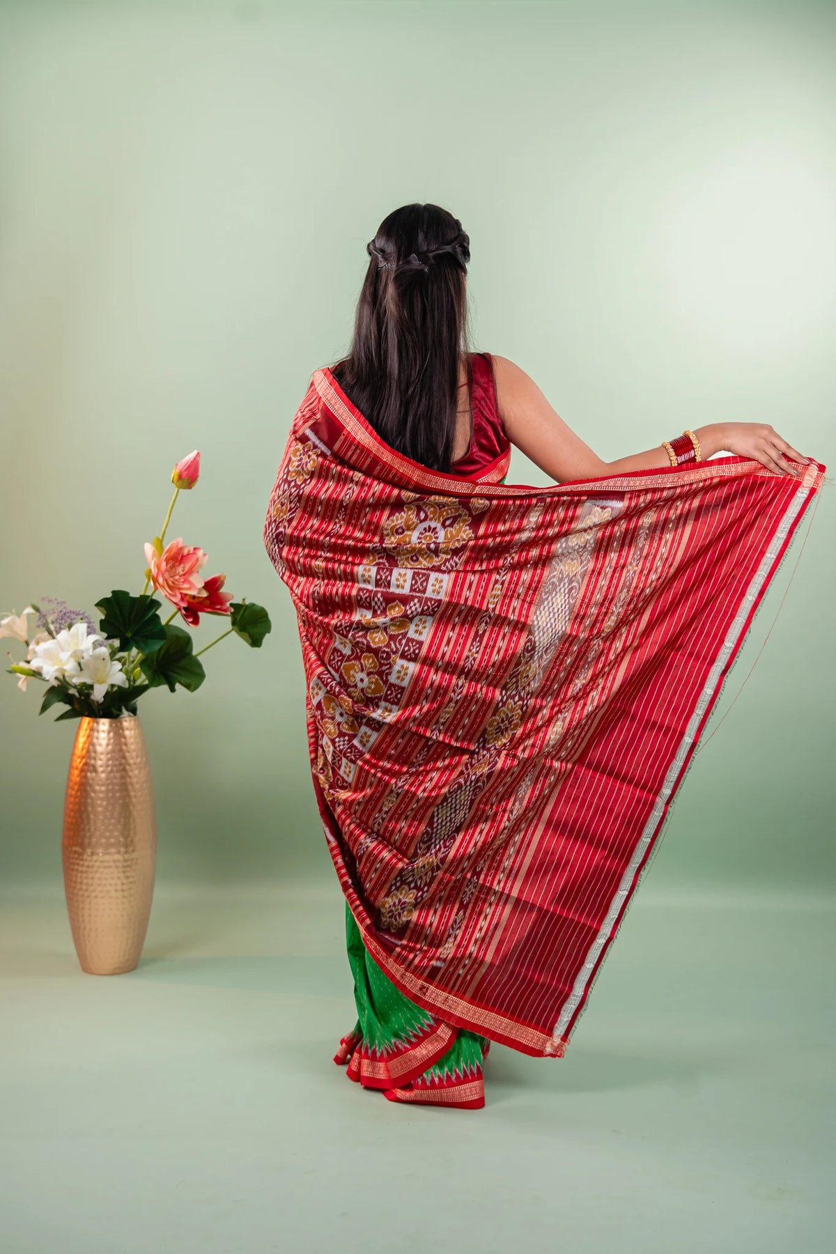 Mustard Maroon Lotus Ikat Khandua Silk Saree