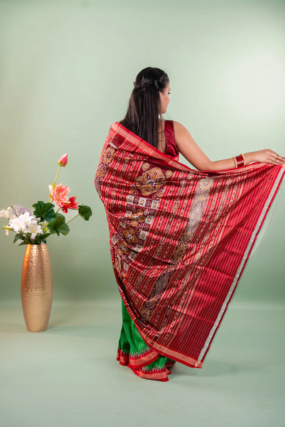 Parrot Green Red Temple Border Khandua Silk Saree