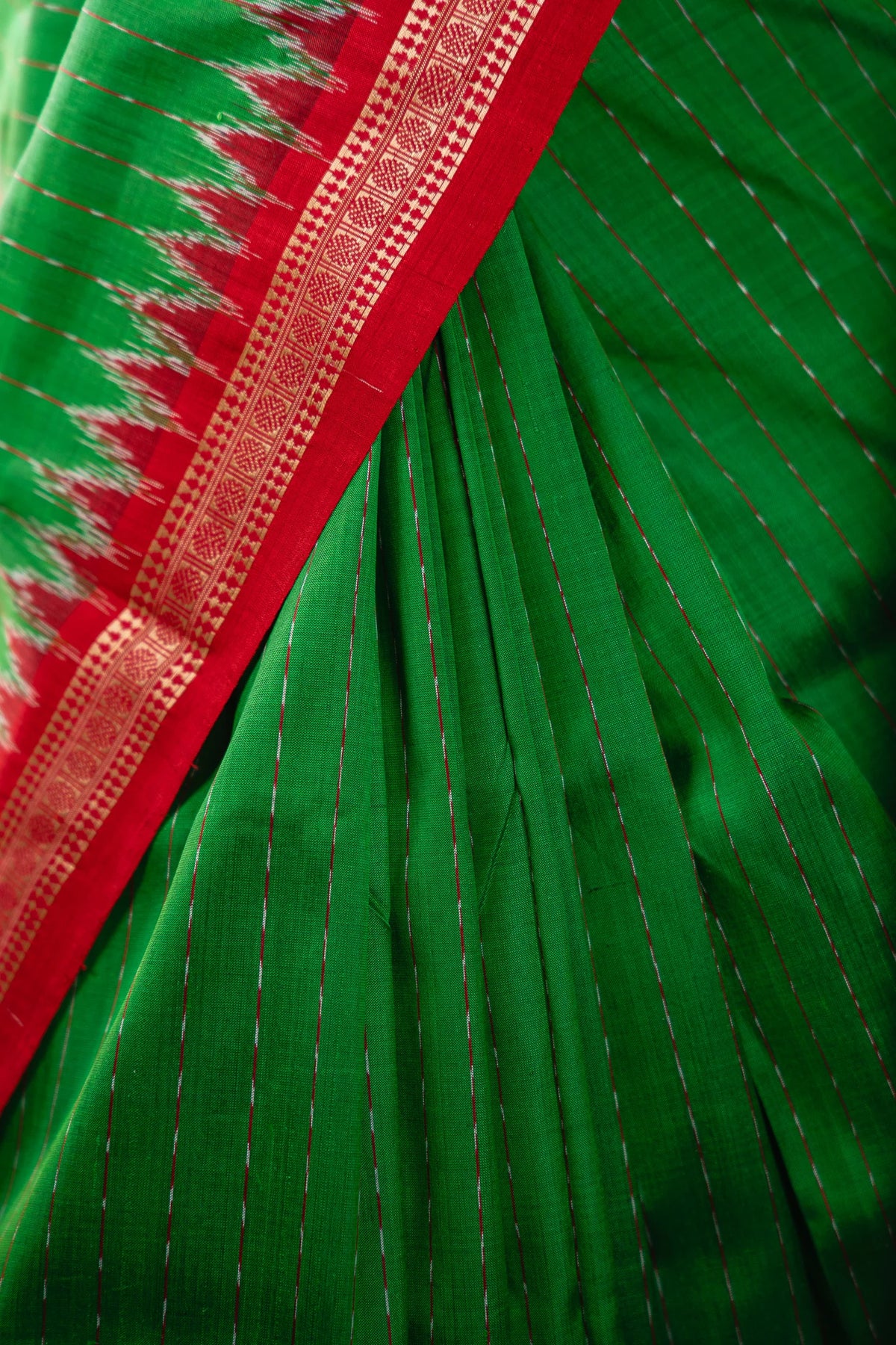 Parrot Green Red Temple Border Khandua Silk Saree