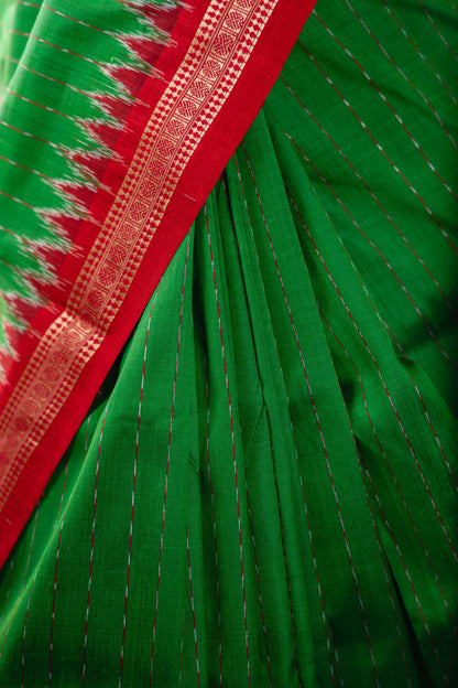 Parrot Green Red Temple Border Khandua Silk Saree