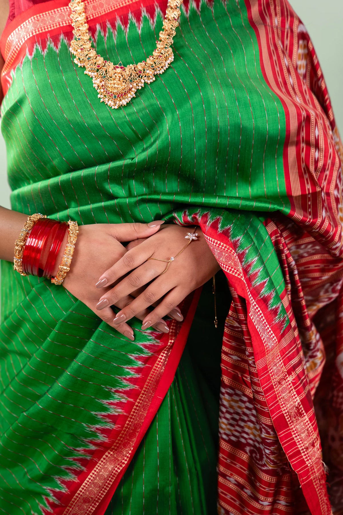 Parrot Green Red Temple Border Khandua Silk Saree