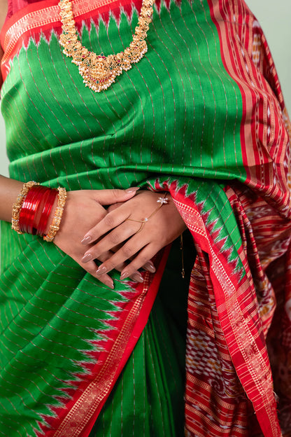 Parrot Green Red Temple Border Khandua Silk Saree