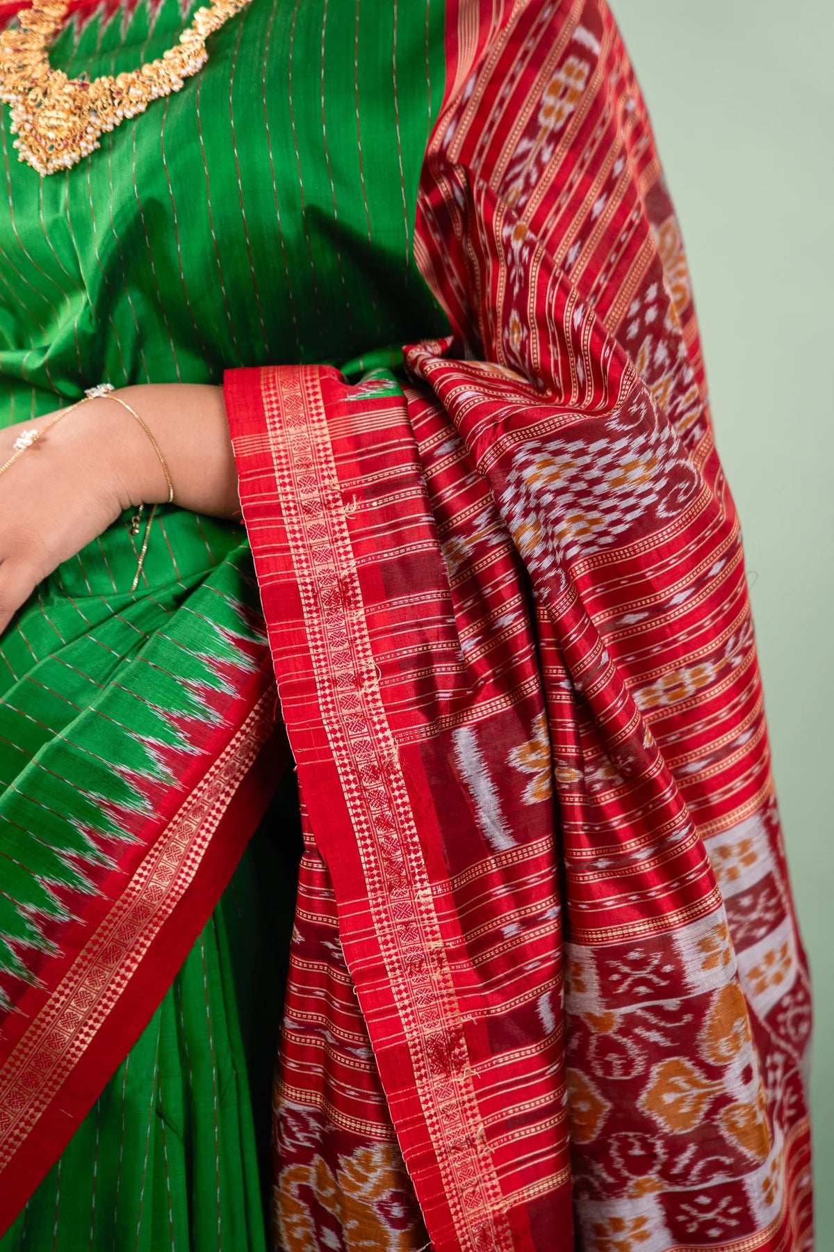 Parrot Green Red Temple Border Khandua Silk Saree