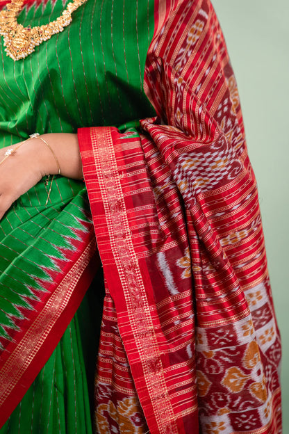 Parrot Green Red Temple Border Khandua Silk Saree
