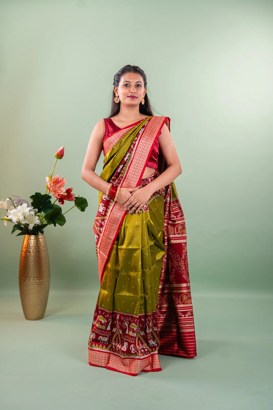 Olive Green Red Elephant Motif Khandua Silk Saree