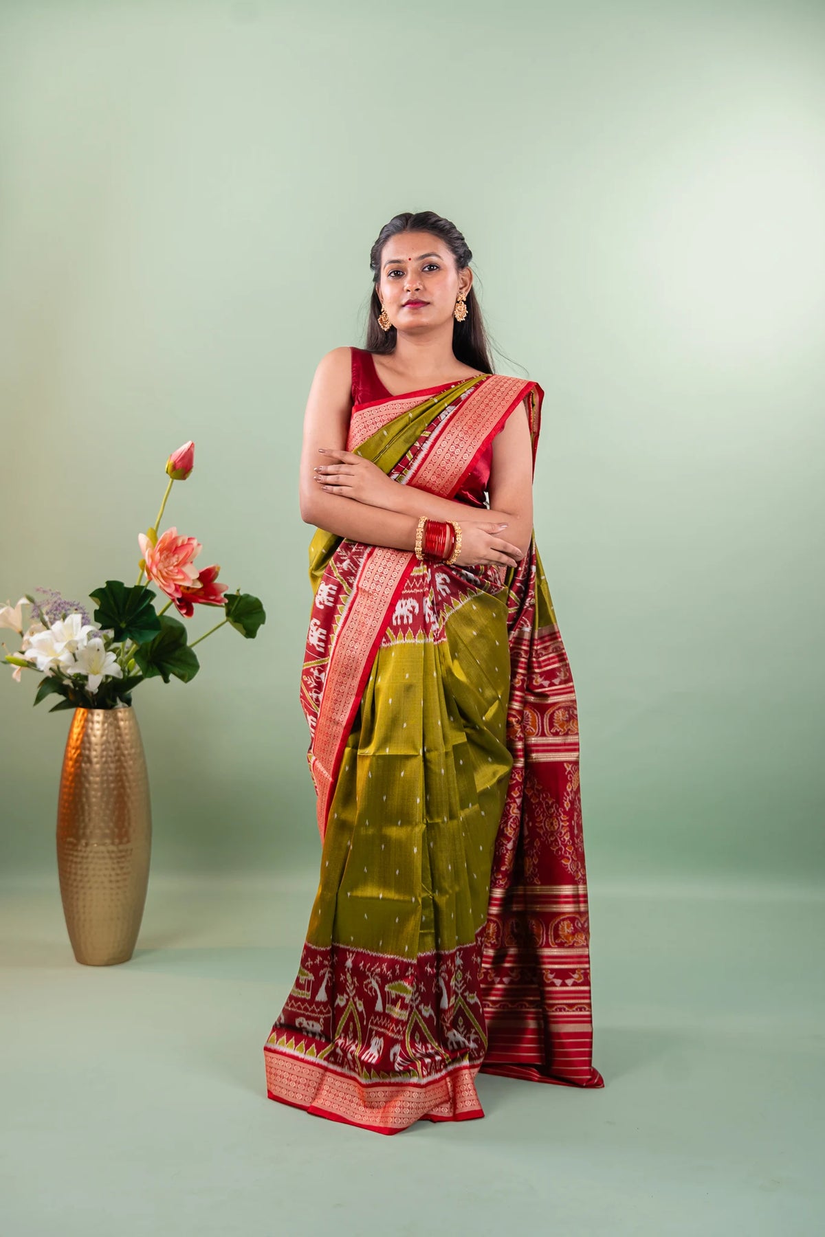 Olive Green Red Elephant Motif Khandua Silk Saree