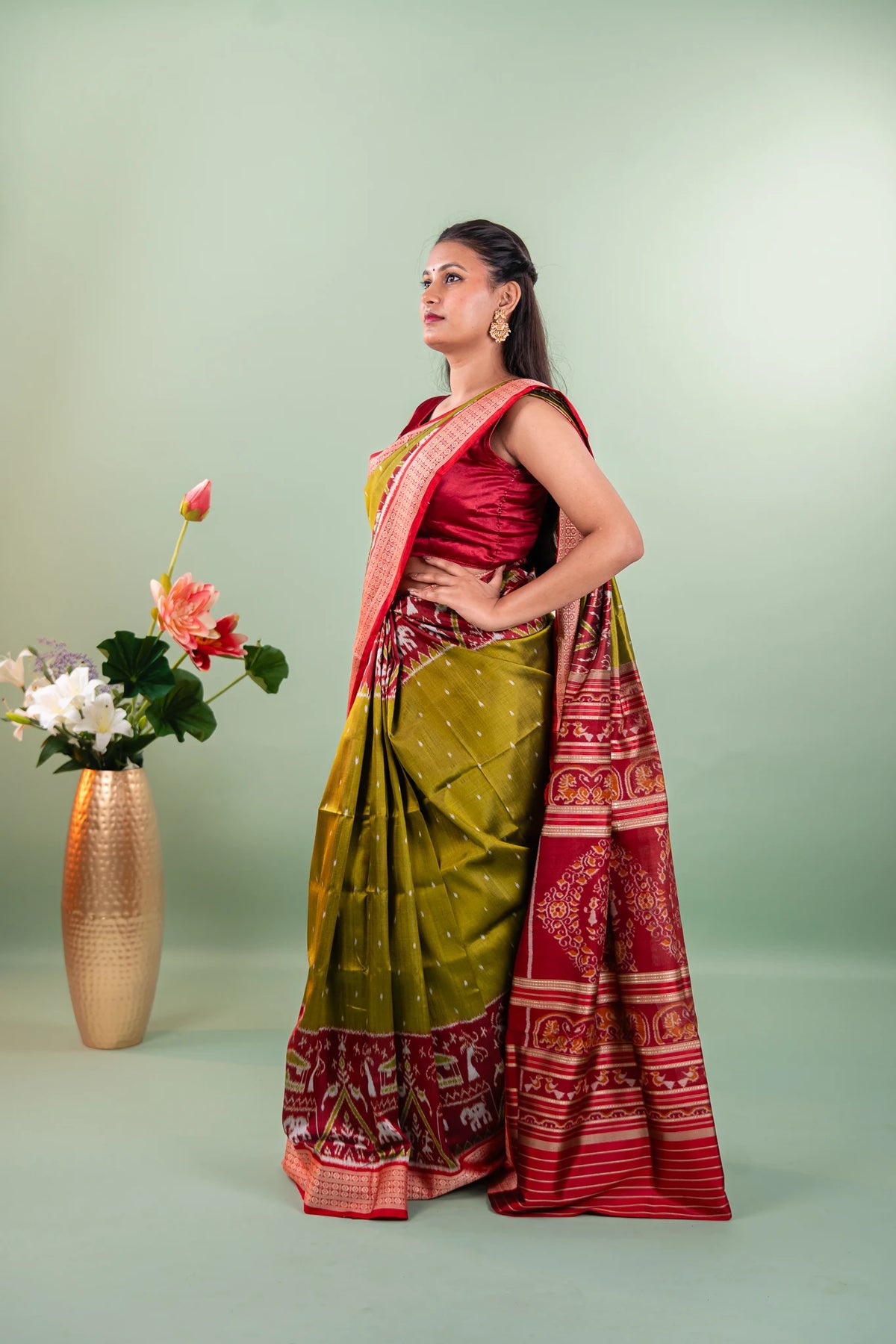 Olive Green Red Elephant Motif Khandua Silk Saree