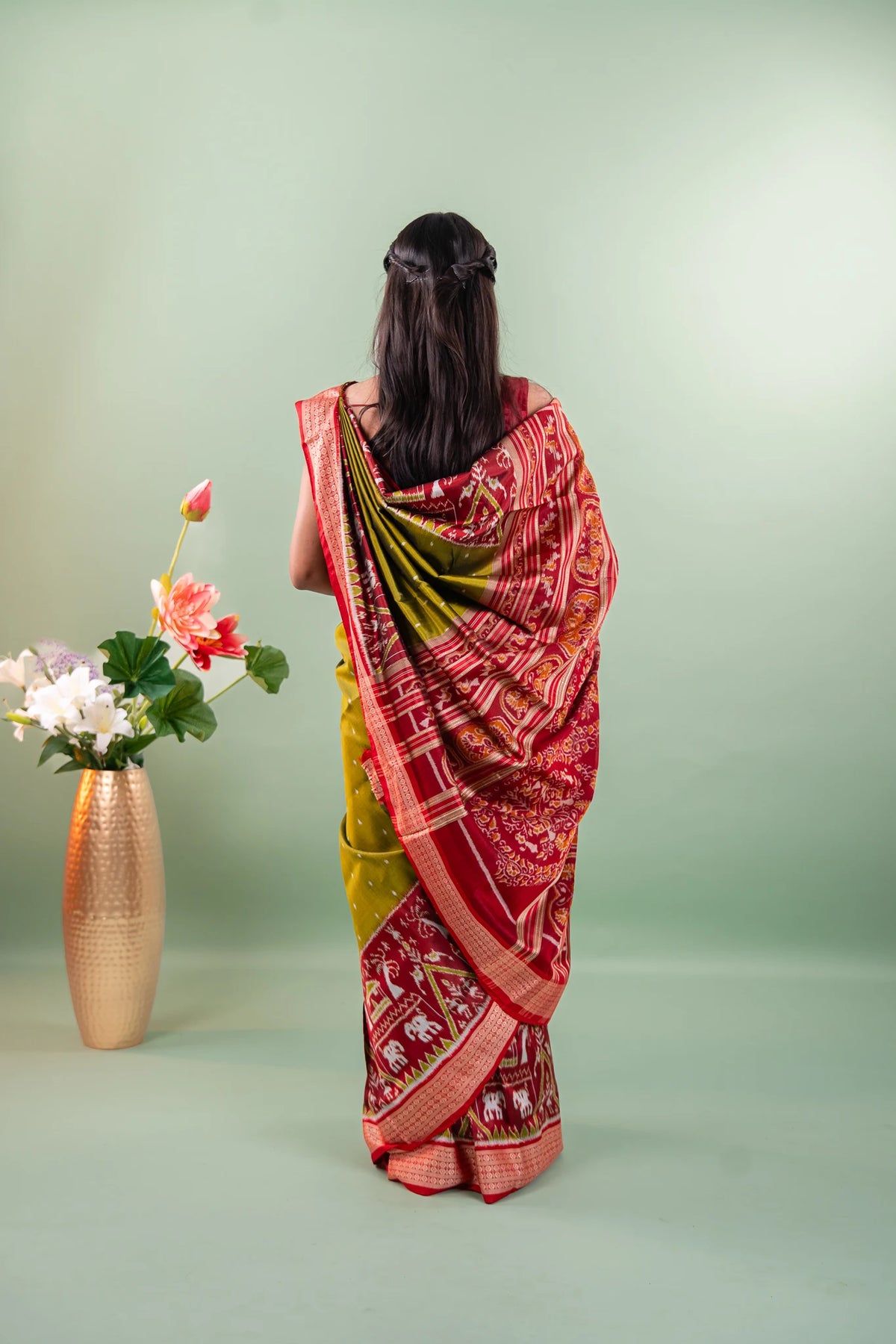 Olive Green Red Elephant Motif Khandua Silk Saree