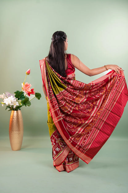 Olive Green Red Elephant Motif Khandua Silk Saree