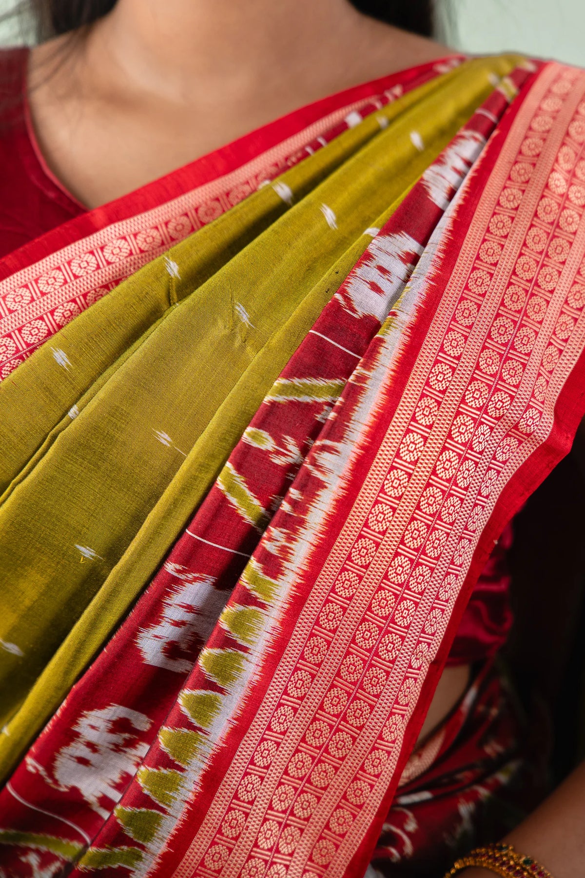 Olive Green Red Elephant Motif Khandua Silk Saree