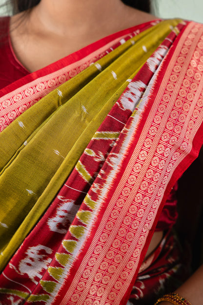 Olive Green Red Elephant Motif Khandua Silk Saree