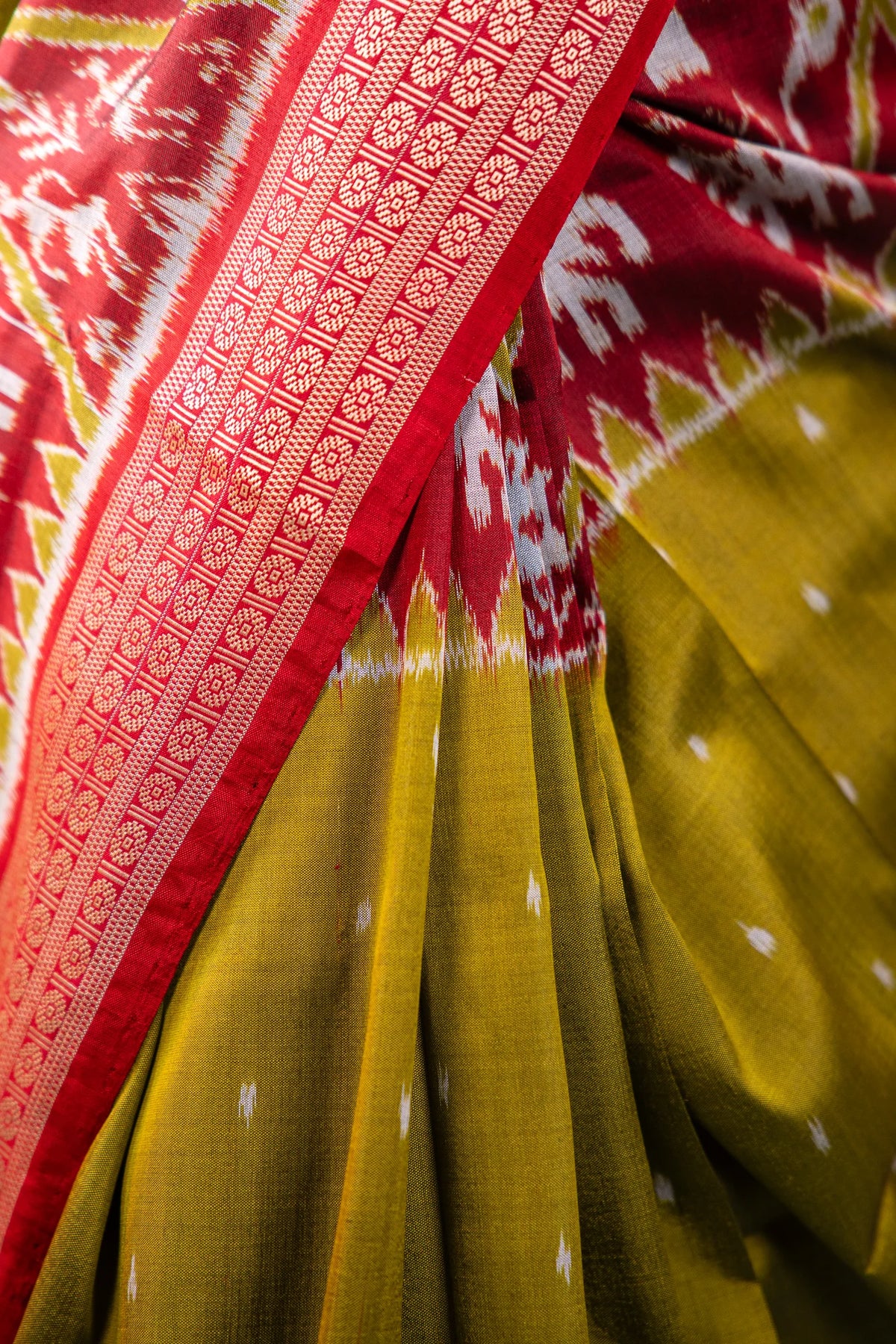 Olive Green Red Elephant Motif Khandua Silk Saree